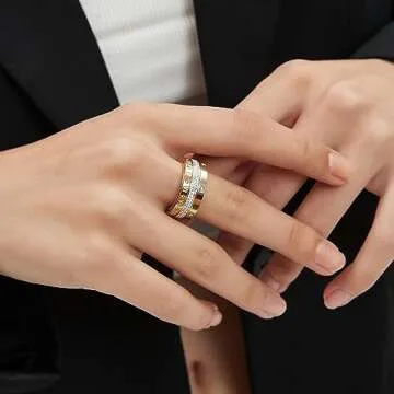 YURZA 3PCS Love Friendship Good Luck Gold Rings For Women Cubic Zirconia Jewelry Stainless Steel Gold Rings Sets For Festival Gifts (Gold(3 In 1), 8)