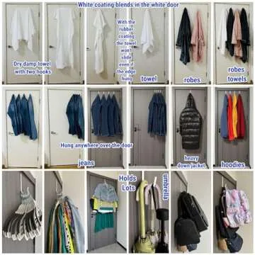 Over the Door Hooks Fit Interior Door up to 1 3/8" Optimal, Steel w/ Rubber Coating, Not for Front Door, for Hanging Towel Robe Hanger Bathroom Bunk Wreath Ironing Board Holder Cute 4pcs 5.5" White