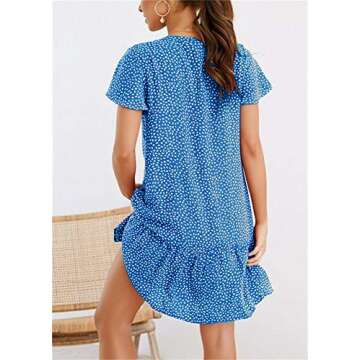Imysty Womens Polka Dot V Neck Button Down Ruffles Loose Mini Short T-Shirt Dress