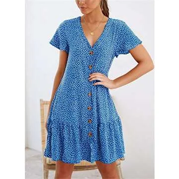 Imysty Womens Polka Dot V Neck Button Down Ruffles Loose Mini Short T-Shirt Dress