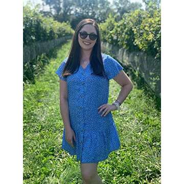 Imysty Womens Polka Dot V Neck Button Down Ruffles Loose Mini Short T-Shirt Dress