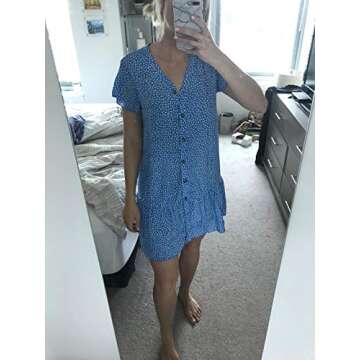 Imysty Womens Polka Dot V Neck Button Down Ruffles Loose Mini Short T-Shirt Dress