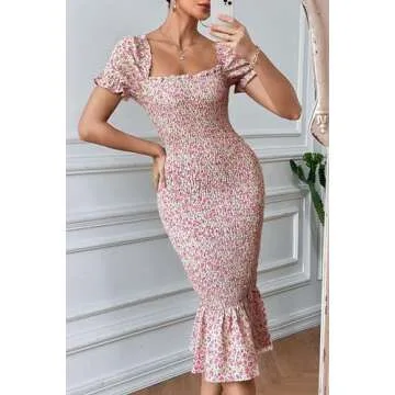 PRETTYGARDEN Women's Summer Floral Midi Bodycon Dresses Short Puff Sleeve Square Neck Ruffle Hem Mermaid Cocktail Dress (Pink,XX-Large)