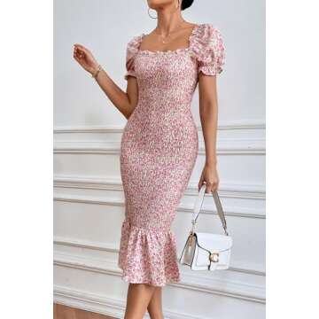 PRETTYGARDEN Women's Summer Floral Midi Bodycon Dresses Short Puff Sleeve Square Neck Ruffle Hem Mermaid Cocktail Dress (Pink,XX-Large)