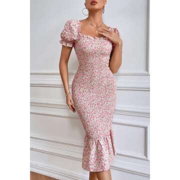 PRETTYGARDEN Women's Summer Floral Midi Bodycon Dresses Short Puff Sleeve Square Neck Ruffle Hem Mermaid Cocktail Dress (Pink,XX-Large)