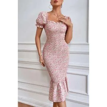 PRETTYGARDEN Women's Summer Floral Midi Bodycon Dresses Short Puff Sleeve Square Neck Ruffle Hem Mermaid Cocktail Dress (Pink,XX-Large)
