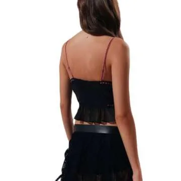 Women Y2k Cami Tank Top Sexy Spaghetti Strap Lace Camisole Fairy Sleeveless Square Neck Vest Tops(N-Cute Ruffle Mesh Black,S)