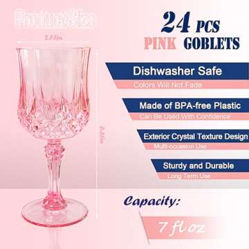 Veiuwa 24 Pcs Plastic Pink Wine Glasses，Plastic Cordial Glasses，Plastic Goblets，Pink Plastic G...