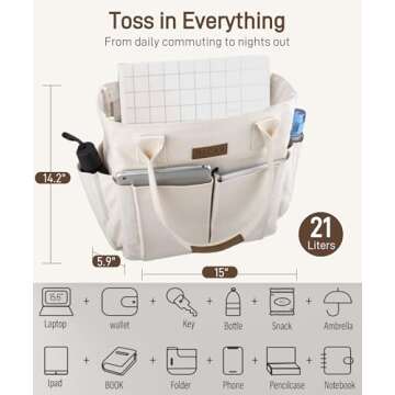 Nicav Canvas Tote Bags for Women, Large Utility Tote Bags with Pockets Zip Top for Teachers Nurses Work