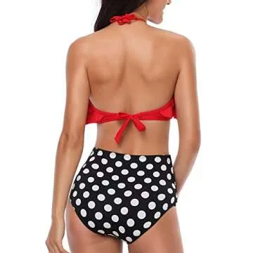 Heat Move Women Retro Flounce High Waisted Bikini Halter Neck Two Piece Swimsuit (M, Red)