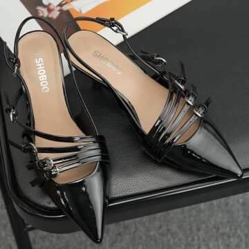 Elegant SHOBOO Slingback Kitten Heels - Pointed Closed Toe Pumps with Multi-Buckles