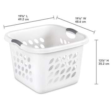 Square Laundry Hamper Clothes Storage Basket with Holes 53L White with Grey Handles Utility Room Garage Closet Made in USA