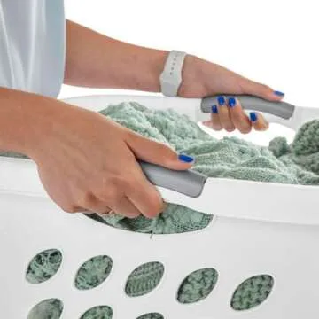 Square Laundry Hamper Clothes Storage Basket with Holes 53L White with Grey Handles Utility Room Garage Closet Made in USA