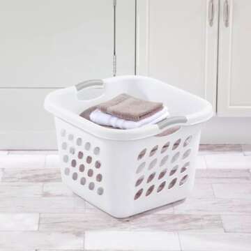 Square Laundry Hamper Clothes Storage Basket with Holes 53L White with Grey Handles Utility Room Garage Closet Made in USA
