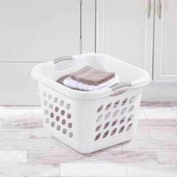 Square Laundry Hamper Clothes Storage Basket with Holes 53L White with Grey Handles Utility Room Garage Closet Made in USA