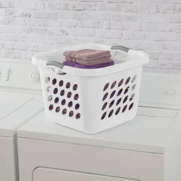 Square Laundry Hamper Clothes Storage Basket with Holes 53L White with Grey Handles Utility Room Garage Closet Made in USA