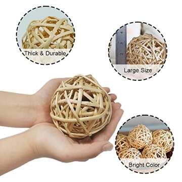Qingbei Rina 4 Inch Wood Decorative Balls for Bowls, Extra Large Wicker Rattan Balls Decorative Orbs Vase Fillers for Centerpieces, Natural Home Wedding Decor(4 PCS)