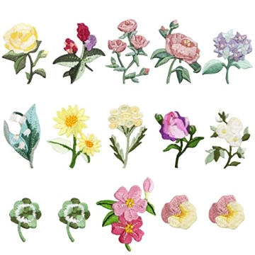 Modixun 15pcs Mini Flowers Iron On Patches for Clothing and Crafts - Vibrant Embroidered Designs