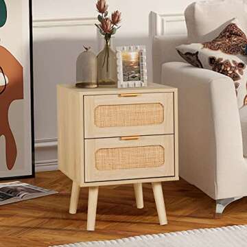 LAZZO Set of 2 Nightstands Wooden Night Stands with Rattan Drawers Home Bedside End Table for Bedroo...