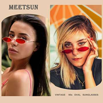 MEETSUN Vintage 90s Small Oval Sunglasses For Women Men Metal Frames Designer Gothic Glasses(full red)