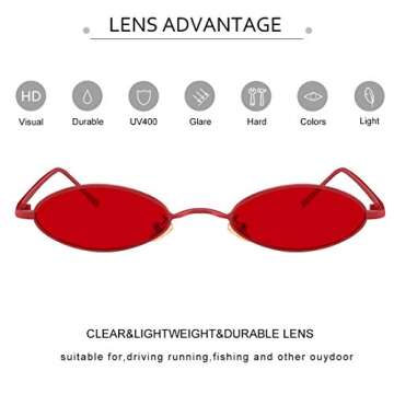 MEETSUN Vintage 90s Small Oval Sunglasses For Women Men Metal Frames Designer Gothic Glasses(full red)