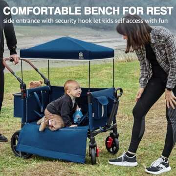 EVER ADVANCED Side-Unzip Wagon Stroller for 2 Kids, Push Pull Stroller with Adjustable Handle-Bar, Easy Access Front Zipper Door, 5-Point Harness Removable UV-Protection Canopy Shock-Absorbing Wheels