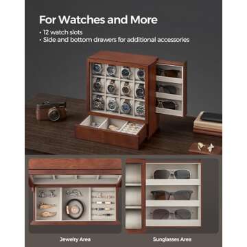SONGMICS 12-Slot Watch Box, Watch Display Case with Window, Watch Display Cabinet with Wood Grain Surface, Velvet Lining, Vertical Storage, Space Saving, Gift Idea