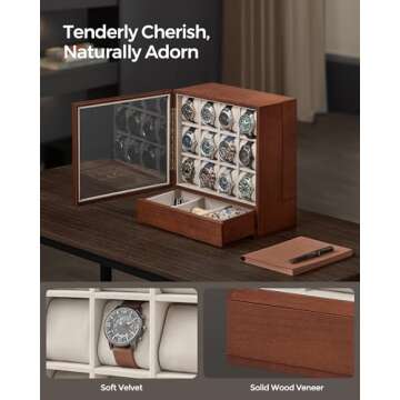 SONGMICS 12-Slot Watch Box, Watch Display Case with Window, Watch Display Cabinet with Wood Grain Surface, Velvet Lining, Vertical Storage, Space Saving, Gift Idea