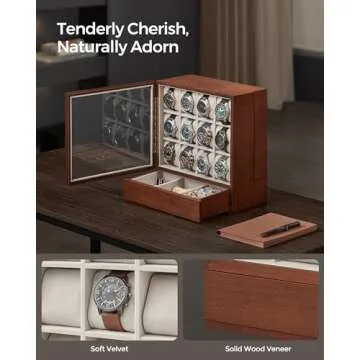 SONGMICS 12-Slot Watch Box, Watch Display Case with Window, Watch Display Cabinet with Wood Grain Surface, Velvet Lining, Vertical Storage, Space Saving, Gift Idea