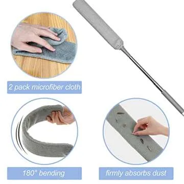 Retractable Gap Dust Cleaner for Cleaning Under Appliances, Gap Duster with 2 Microfiber Dusting Cloths, Long Handle 60 inches Washable Cleaning Tools for Under Furniture Couch, Fridge Narrow Space