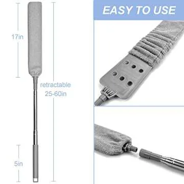 Retractable Gap Dust Cleaner for Cleaning Under Appliances, Gap Duster with 2 Microfiber Dusting Cloths, Long Handle 60 inches Washable Cleaning Tools for Under Furniture Couch, Fridge Narrow Space