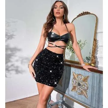 REEMONDE Women's Sequin Mini Skirt for Night Out Style