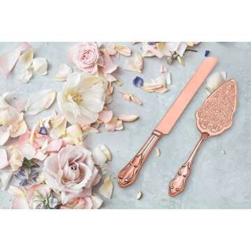 Strova Rose Gold Wedding Cake Server Set – Vintage Cake Cutting Knife and Server for Event Use