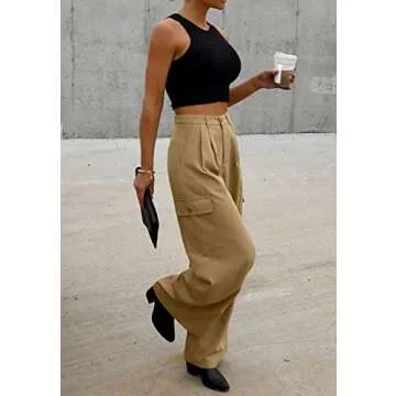 Dokotoo Khaki Pants for Women Cargo Pants Women High Waisted Baggy Business Casual Work Petite Pants Wide Leg Dress Pants 4 Pockets Trouser Khaki Plaid Loose 2024 Fall Fashion Clothing