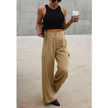 Dokotoo Khaki Pants for Women Cargo Pants Women High Waisted Baggy Business Casual Work Petite Pants Wide Leg Dress Pants 4 Pockets Trouser Khaki Plaid Loose 2024 Fall Fashion Clothing