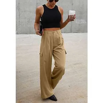 Dokotoo Khaki Pants for Women Cargo Pants Women High Waisted Baggy Business Casual Work Petite Pants Wide Leg Dress Pants 4 Pockets Trouser Khaki Plaid Loose 2024 Fall Fashion Clothing