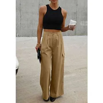 Dokotoo Khaki Pants for Women Cargo Pants Women High Waisted Baggy Business Casual Work Petite Pants Wide Leg Dress Pants 4 Pockets Trouser Khaki Plaid Loose 2024 Fall Fashion Clothing
