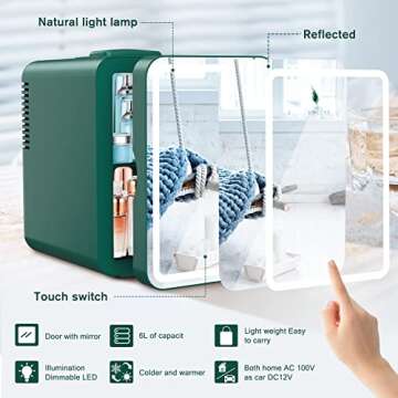 COOSEON LED Mirrored Beauty Fridge, Mini Fridge 6 Liters/8 Can With Makeup Sponge, AC/DC Thermoelectric Cooler and Heater, Suitable for Bedroom, Car, Used for Skin care, Makeup (Green)