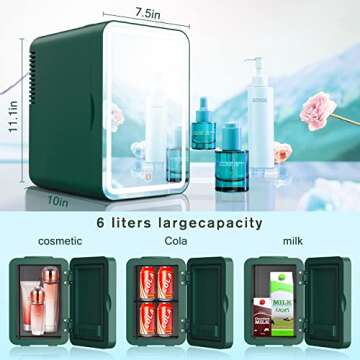 COOSEON LED Mirrored Beauty Fridge, Mini Fridge 6 Liters/8 Can With Makeup Sponge, AC/DC Thermoelectric Cooler and Heater, Suitable for Bedroom, Car, Used for Skin care, Makeup (Green)