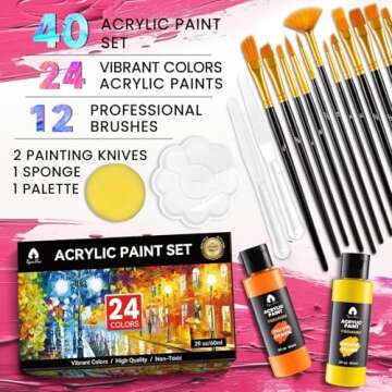 40 PCS Acrylic Paint Set with 12 Brushes, 2 Knives and Palette, 24 Colors (2oz/60ml) Art Craft Paint...