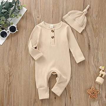 Baby Boy Girl Coming Home Outfit Newborn Neutral Baby Ribbed Romper Jumpsuit One-Piece Coverall Photoshoot Clothes (B Beige, 0-3 Months)