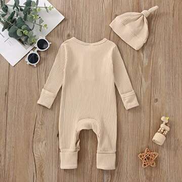 Baby Boy Girl Coming Home Outfit Newborn Neutral Baby Ribbed Romper Jumpsuit One-Piece Coverall Photoshoot Clothes (B Beige, 0-3 Months)