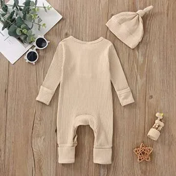 Baby Boy Girl Coming Home Outfit Newborn Neutral Baby Ribbed Romper Jumpsuit One-Piece Coverall Photoshoot Clothes (B Beige, 0-3 Months)