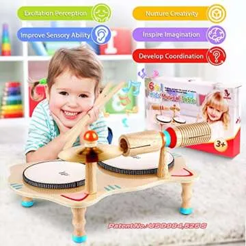 oathx Kids Drum Set All in One Montessori Musical Instruments Set Toddler Toys Natural Wooden Music ...