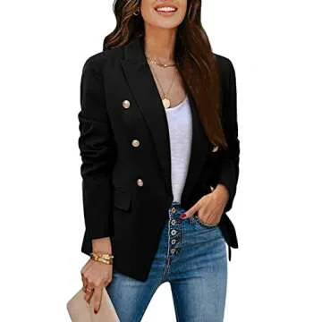 CRAZY GRID Womens Double Breasted Blazer Jackets Open Front Business Casual Suit Jacket Lapel Gold Button Long Sleeve Dressy Blazer Ladies Work Office Blazer Plus Size Black 3XL