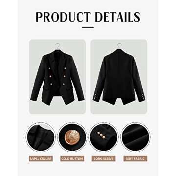 CRAZY GRID Womens Double Breasted Blazer Jackets Open Front Business Casual Suit Jacket Lapel Gold Button Long Sleeve Dressy Blazer Ladies Work Office Blazer Plus Size Black 3XL