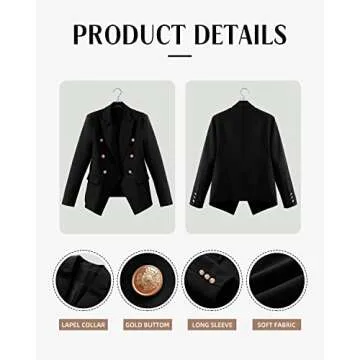 CRAZY GRID Womens Double Breasted Blazer Jackets Open Front Business Casual Suit Jacket Lapel Gold Button Long Sleeve Dressy Blazer Ladies Work Office Blazer Plus Size Black 3XL