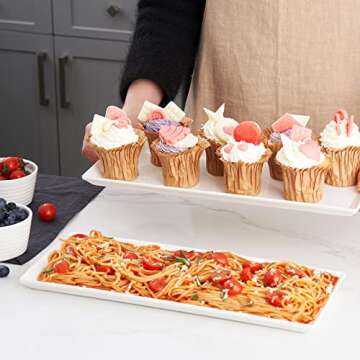 DOWAN 14.5" Rectangular Plates Set of 4 - Long Serving Trays for Sushi, Pasta, Chips, Appetizer, Cake - White Ceramic Rectangle Platter for Party, Restaurant, Banquet - Dishwasher & Oven Safe