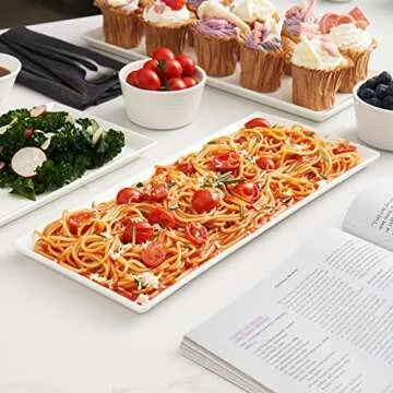 DOWAN 14.5" Rectangular Plates Set of 4 - Long Serving Trays for Sushi, Pasta, Chips, Appetizer, Cake - White Ceramic Rectangle Platter for Party, Restaurant, Banquet - Dishwasher & Oven Safe