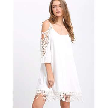 Milumia Women's Summer Cold Shoulder Crochet Loose Beach Dress White X-Large